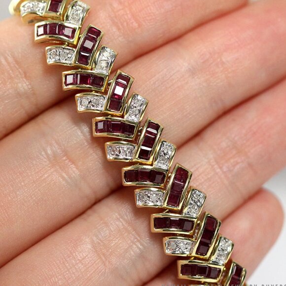 VINTAGE RUBY & DIAMOND COCKTAIL 14K YELLOW GOLD STRAP BRACELET 7 - Picture 4 of 10